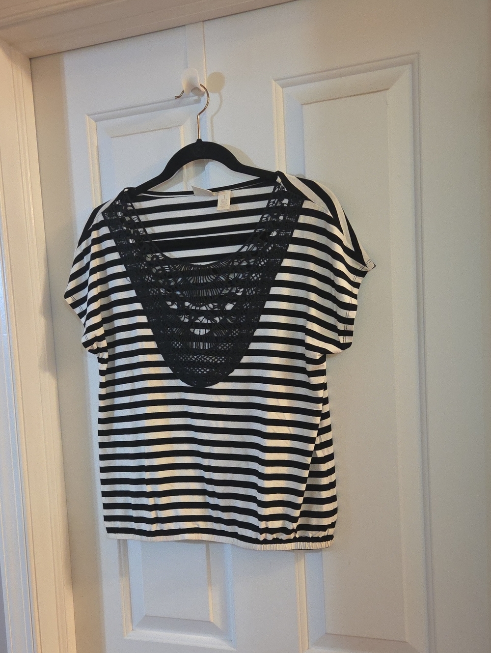 Chicos Striped Black & White Lace-Trim Women's Top Medium Petite